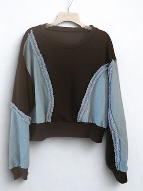 Micas Denim Patchwork Top w/Frayed Sleeves Women's 1XL